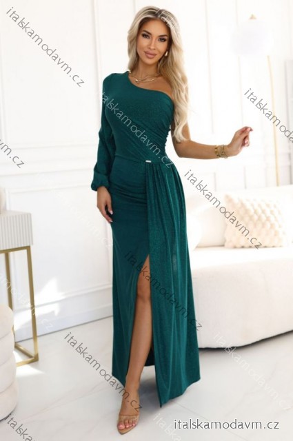 658-2 Třpytivé maxi šaty na jedno rameno s asymetrickými rukávy a rozparkem - lahvově zelené