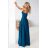646-2 Dlouhé večerní šaty s ramínky a rozparkem na nohavici - tyrkysové