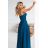 646-2 Dlouhé večerní šaty s ramínky a rozparkem na nohavici - tyrkysové
