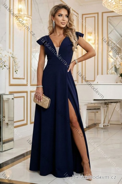 660-1 Elegantní maxi šaty s volánky, hlubokým výstřihem a rozparkem na nohavici - tmavě modré