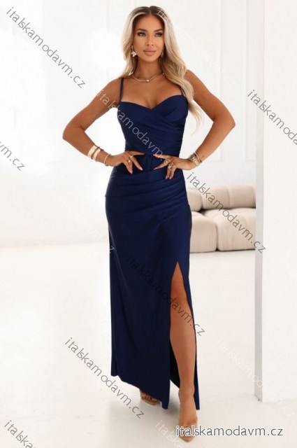 647-2 Dlouhé přiléhavé maxi šaty s zavinovacím výstřihem a rozparkem - tmavě modré