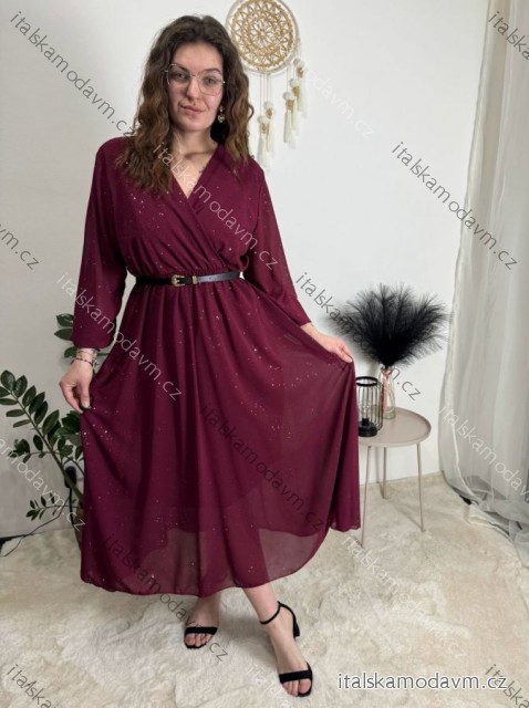 Šaty elegantní s páskem dlouhý rukáv dámský SAFIR (M/L/XL ONE SIZE) italská móda  IMWMY251114/DU