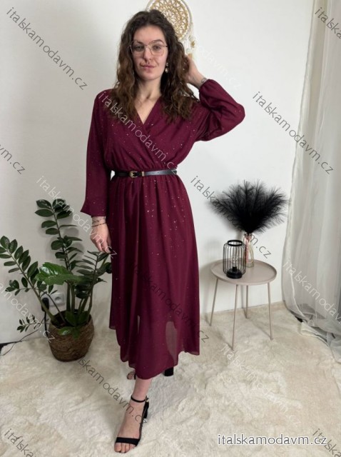 Šaty elegantní s páskem dlouhý rukáv dámský SAFIR (M/L/XL ONE SIZE) italská móda  IMWMY251114/DU vínová M/L/XL