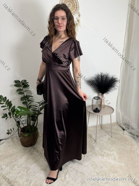 Šaty dlhé spoločenské satén krátky rukáv dámske (S/M ONE SIZE) TALIANSKA MODA IM323125/DU hnědá S/M/L