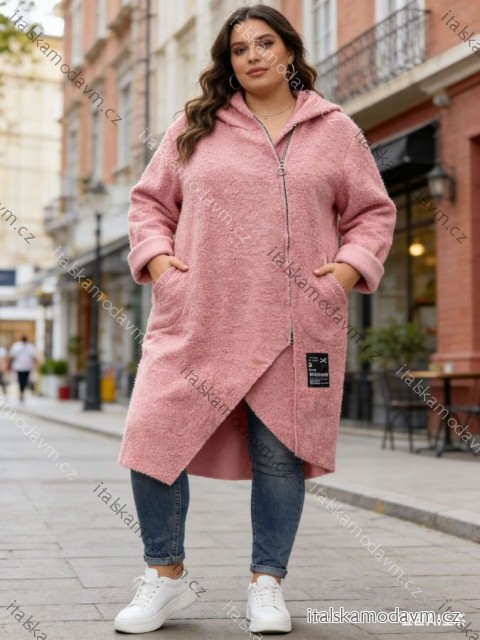 Kabát beránkový s kapsami dlouhý rukáv dámský nadrozměr (50/52/54 ONE SIZE) ITALSKÁ MÓDA IM426018