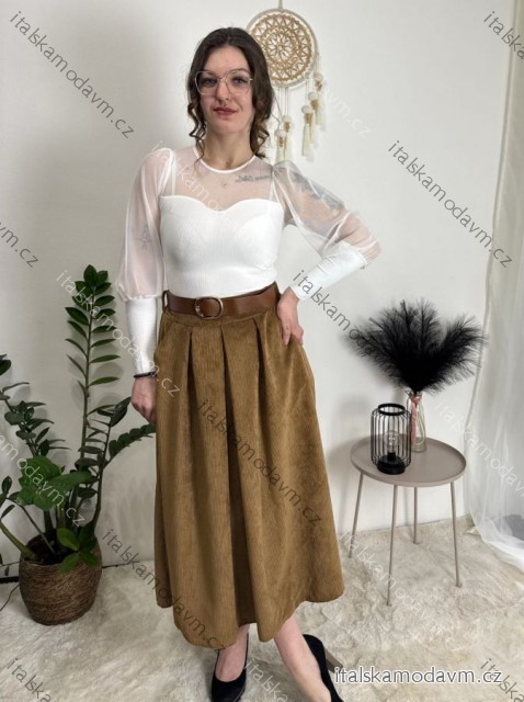 Sukňa manžestrová s páskem dámska (S/M/L ONE SIZE) TALIANSKA MÓDA IMPLU2552123/DU hnědá camel S/M/L