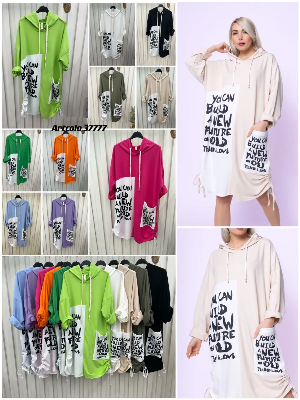 Šaty mikinové s kapucí dlouhý rukáv dámské (S/M/L ONE SIZE) ITALSKÁ MÓDA IMPLI2637777