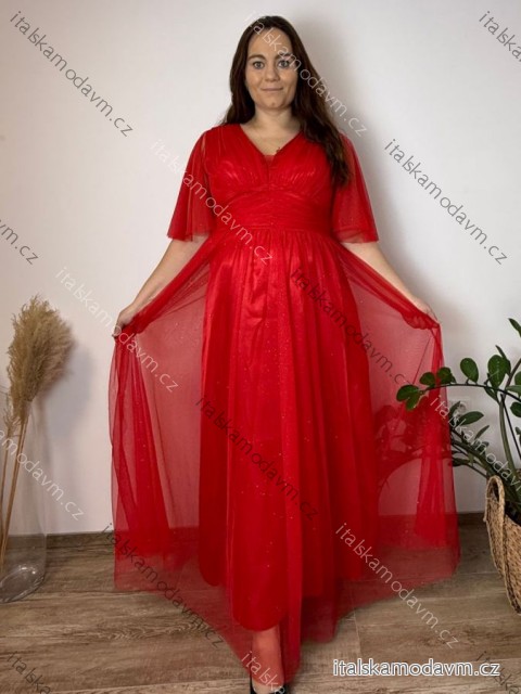 Šaty dlouhé společenské třpytivé krátký rukáv dámské nadrozměr SARAH (46/48/50 ONE SIZE) ITALSKÁ MÓDA IMC24463/DR 46/48/50 červená