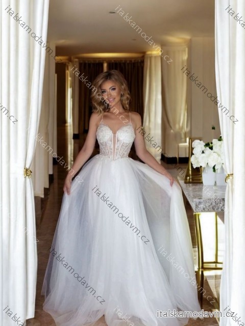 Šaty dlouhé svatební krajkové na ramínka dámské GRIZEL (34-40) POLSKÁ MÓDA PMLPT26005