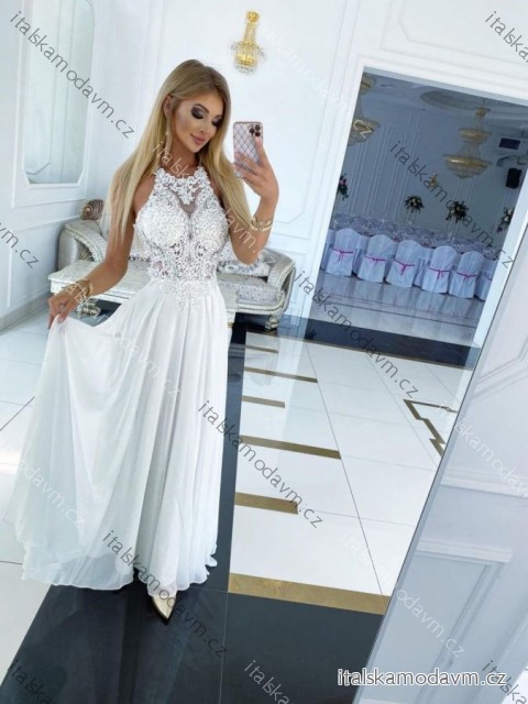 Šaty dlouhé svatební krajkové bez rukávu dámské MERCEDES (34-40) POLSKÁ MÓDA PMLPT26014