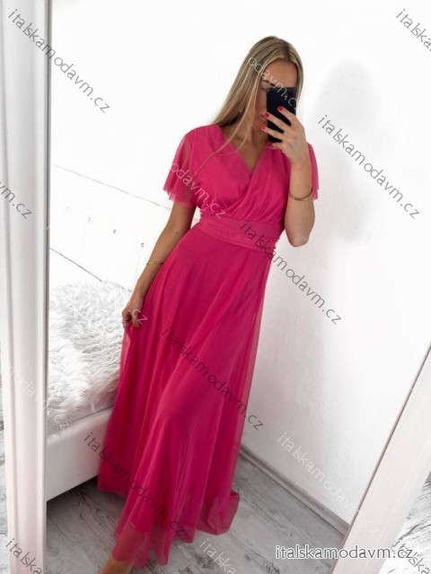Šaty společenské dlouhé tylové dámské s rukávkem LILIANA (XS/S/M ONE SIZE) ITALSKÁ MÓDA IMWMY251286/DUR tmavě růžová XS/S/M