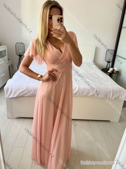 Šaty společenské dlouhé tylové dámské s rukávkem LILIANA (XS/S/M ONE SIZE) ITALSKÁ MÓDA IMWMY251286/DUR růžová světlá XS/S/M