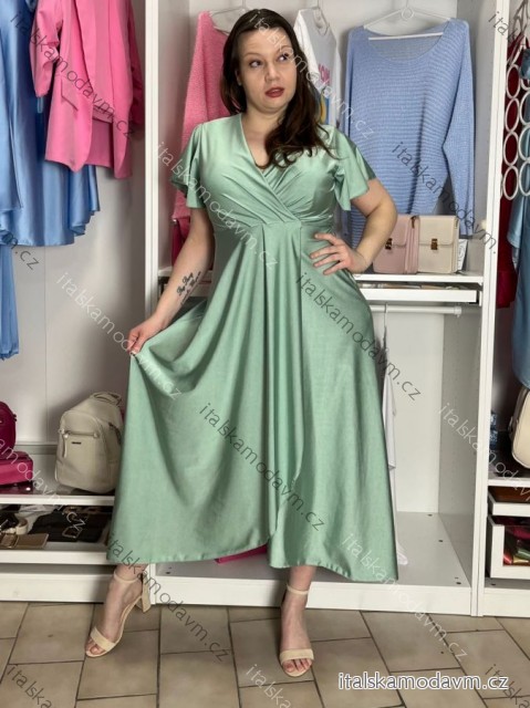 Šaty dlhé spoločenské saténové krátky rukáv dámske ADINA (38/40/42 ONE SIZE) TALIANSKA MÓDA IM425896/DUR zelená lipová 38/40/42