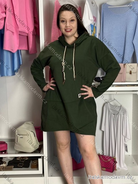 Šaty mikinové s kapucí dlhý rukáv dámske nadrozmer (40/42/44 ONE SIZE) TALIANSKA MÓDA IM425684/DR  zelená khaki