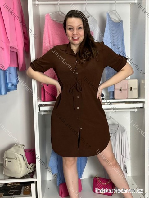 Šaty košilové stahovací 3/4 dlouhý rukáv dámské (S/M/L ONE SIZE) ITALSKÁ MÓDA IMSM26072/DU S/M/L hnědá