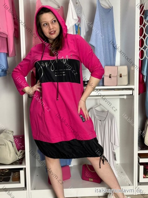 Šaty mikinové s kapucí dlouhý rukáv dámské nadrozměr (40/42/44 ONE SIZE) ITALSKÁ MÓDA IMSM261116/DU 40/42/44 tmavě růžová