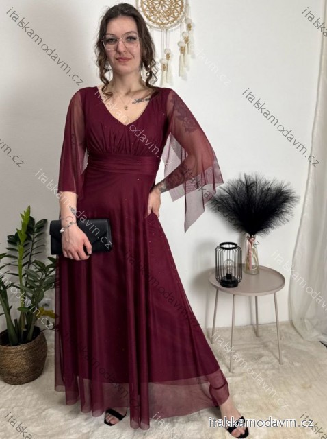 Šaty společenské dlouhé tylové dlouhý rukáv dámské (S/M/L ONE SIZE) ITALSKÁ MÓDA IMWMY26658/DUR vínová S/M/L