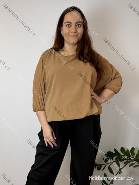 Blúzka elegantná s príveskom 3/4 dlhý rukáv dámska nadrozmer SIRENA (48/50/52 ONE SIZE) TALIANSKA MÓDA IMD26004/DU  tmavo béžová