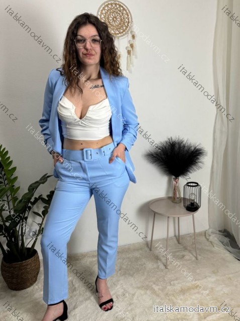 Komplet sako dlouhý rukáv a kalhoty s páskem dámský (SM/L ONE SIZE) ITALSKÁ MÓDA IMWCA261167/DUR světle modrá S/M/L