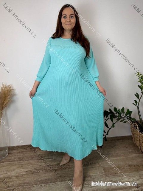Šaty dlouhé plisované jarní s kapsami dlouhý rukáv dámské nadrozměr (52/54/56 ONE SIZE) ITALSKÁ MÓDA IM426079/DUR 52/54/56 světle modrá