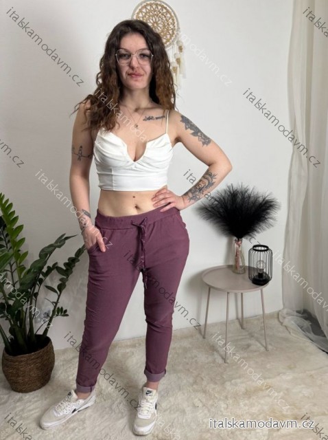 Kalhoty strečové dlouhé dámské (S/M/L ONE SIZE) ITALSKÁ MÓDA IMPLI248115/DUR vínová S/M/L