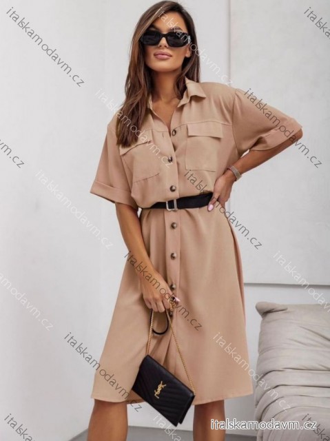Šaty košilové s páskem krátký rukáv dámské nadrozměr (44/46/48 ONE SIZE) ITALSKÁ MÓDA IMD26014