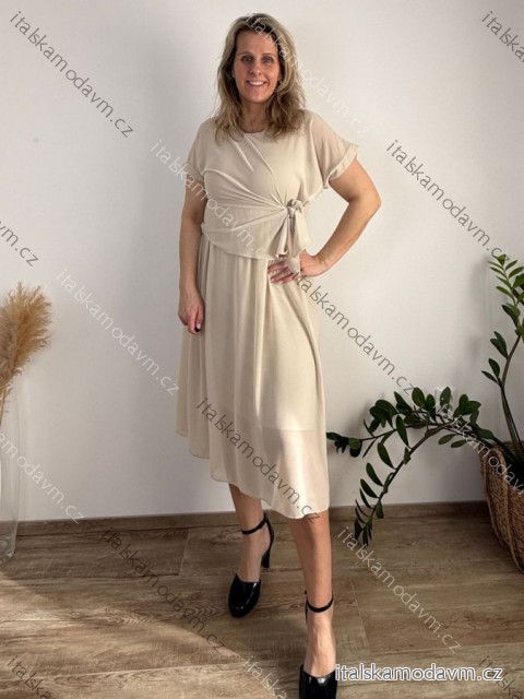 Šaty elegantní šifónové krátky rukáv dámske nadrizměr AMANDA (42/44/46 ONE SIZE) TALIANSKA MóDA IM4261124/DU  béžová