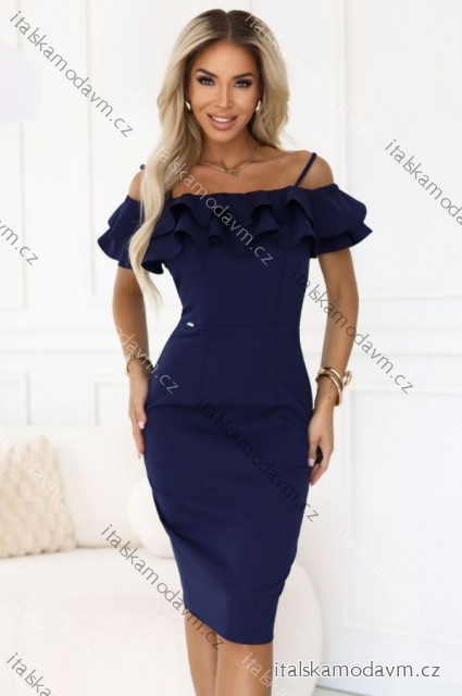 599-3 CARMEN Přiléhavé midi šaty ve španělském stylu - tmavě modré