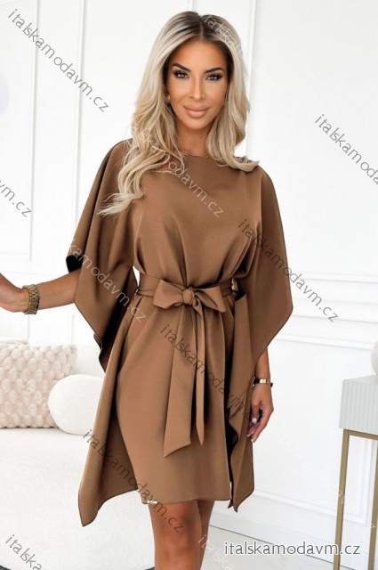 287-39 Šaty SOFIA s motýlím vzorem a zavazováním v pase - cappuccino