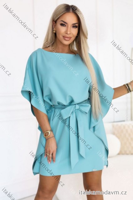 287-40 Šaty SOFIA s motýľovým vzorom a zaväzovaním v páse - pastelovo tyrkysové