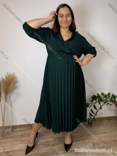 Šaty letné elegantní s 3/4 rukávem dámske nadrozmer ELIS (50/52/54 ONE SIZE) TALIANSKA MÓDA IM4260025/DUR 50/52/54 tmavo smaragdová