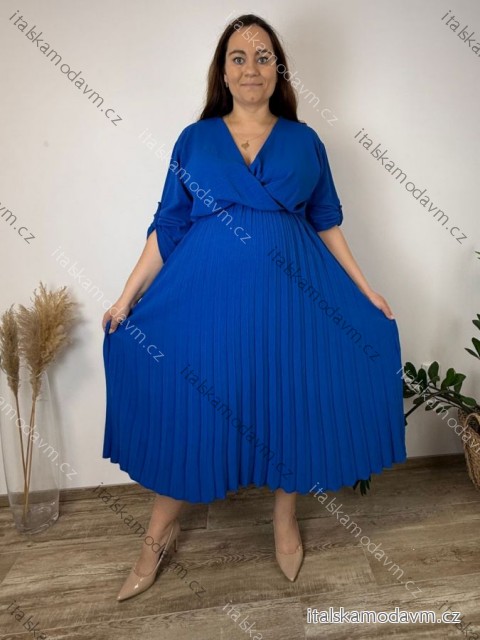 Šaty letní elegantní s 3/4 rukávem dámské nadrozměr ELIS (50/52/54 ONE SIZE) ITALSKÁ MÓDA IM4260025/DUR 50/52/54 modrá královská