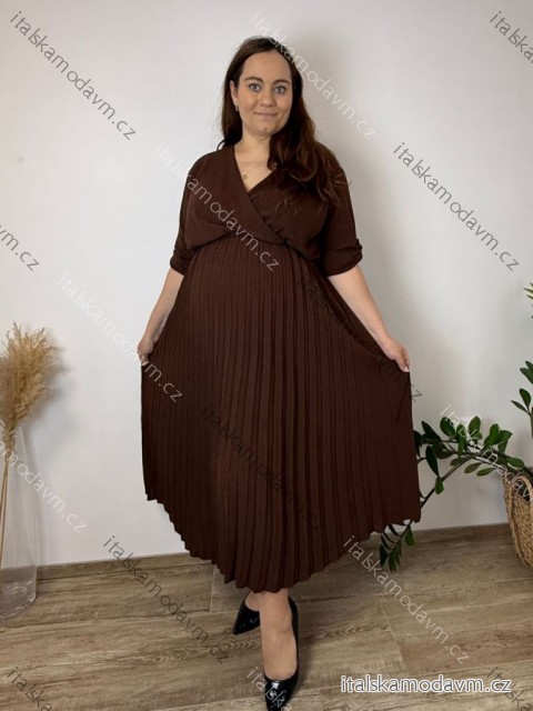 Šaty letní elegantní s 3/4 rukávem dámské nadrozměr ELIS (50/52/54 ONE SIZE) ITALSKÁ MÓDA IM4260025/DUR 50/52/54 tmavě hnědá