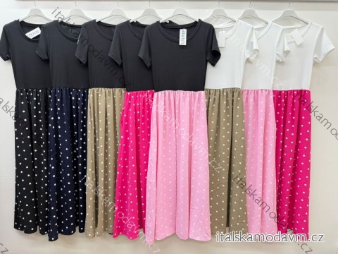 Šaty dlouhé letní puntík s kapsami krátký rukáv dámské (S/M/L ONE SIZE) ITALSKÁ MÓDA IM426112
