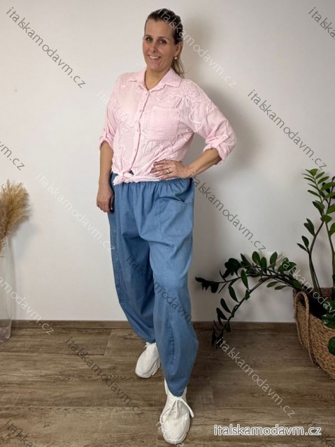 Kalhoty dlouhé letní dámské nadrozměr  INES (42/44/46 ONE SIZE) ITALSKÁ MÓDA IMSM260002/DU 42/44/46 středně modrá