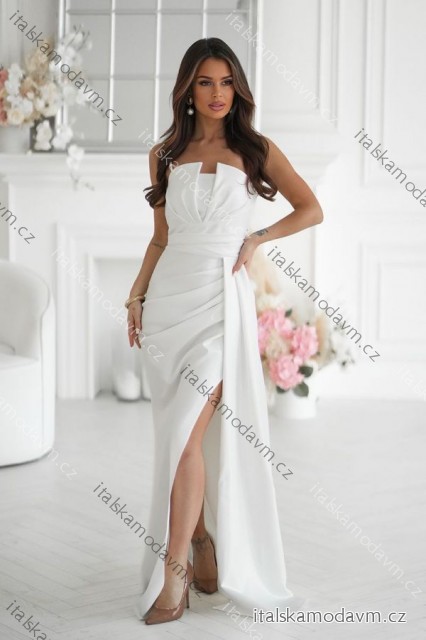 Šaty třpytivé elegantní společenské ecru s geometrickým výstřihem a odnímatelnými ramínky dámské (34-46) POLSKÁ MÓDA PMLBC24320-02 bílá 38