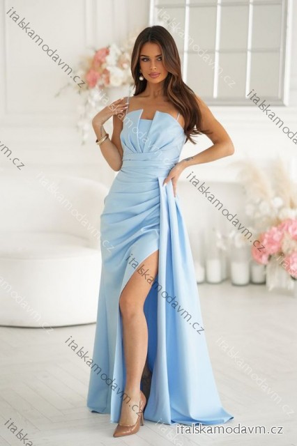 Šaty trblietavé elegantné spoločenské s geometrickým výstrihom na ramienky dámske (34-46) POLSKÁ MÓDA PMLBC24320-08 svetlo modrá 46