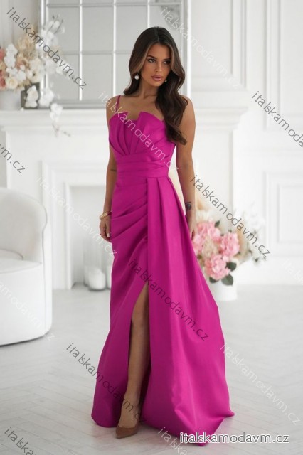 Šaty třpytivé elegantní společenské s geometrickým výstřihem na ramínky dámské (34-46) POLSKÁ MÓDA PMLBC24320-07 tmavě růžová 36
