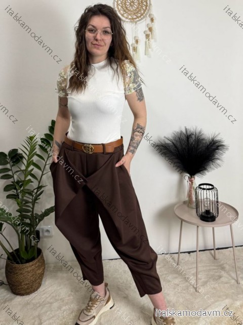 Kalhoty elegantní s páskem dámské (M/L/XL ONE SIZE) ITALSKÁ MÓDA IMD26060/DR hnědá M/L/XL