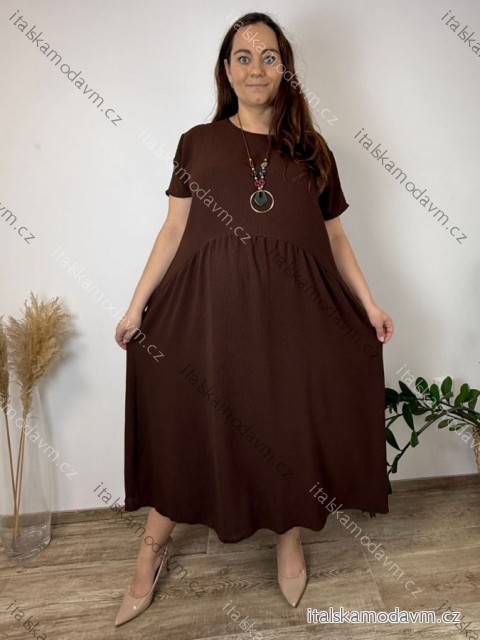 Šaty s přívěskem  dlouhé krátký rukáv dámské nadrozměr (54/56/58 ONE SIZE) ITALSKá MóDA IM424277/DUR tm. hnědá 54/56/58