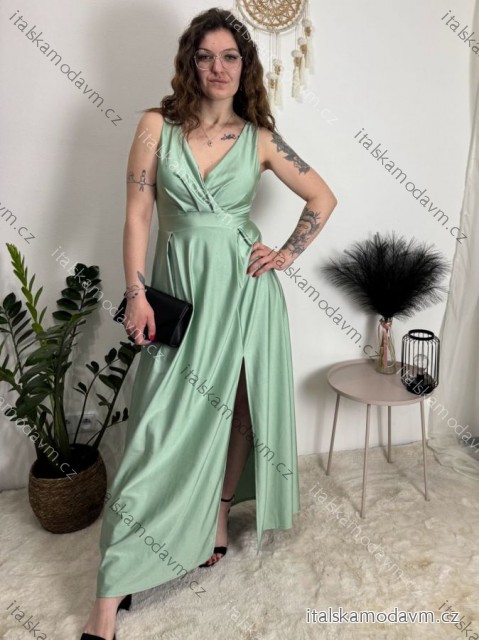 Šaty elegantné dlouhé bez rukávu rukávu dámske SARA (M/L/XL ONE SIZE) TALIANSKA MóDA IM4251146/DUR zelená lipová M/L/XL