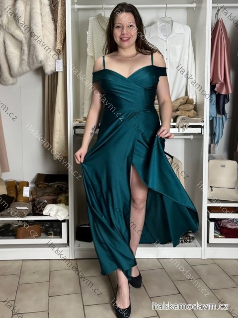Šaty spoločenské dlhé carmen na ramienka dámske ADELE (M/L/XL ONE SIZE) TALIANSKA MóDA IM4251147/DUR smaragdová
