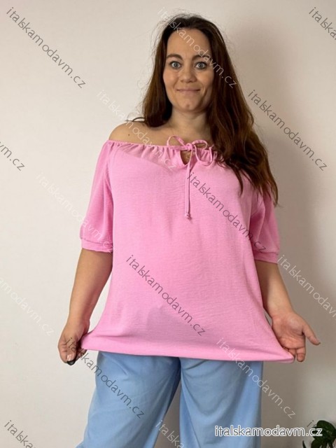 Halenka krátký rukáv dámské nadrozměr PRUE (50/52/54 ONE SIZE) ITALSKÁ MÓDA IM426075/DUR růžová 50/52/54