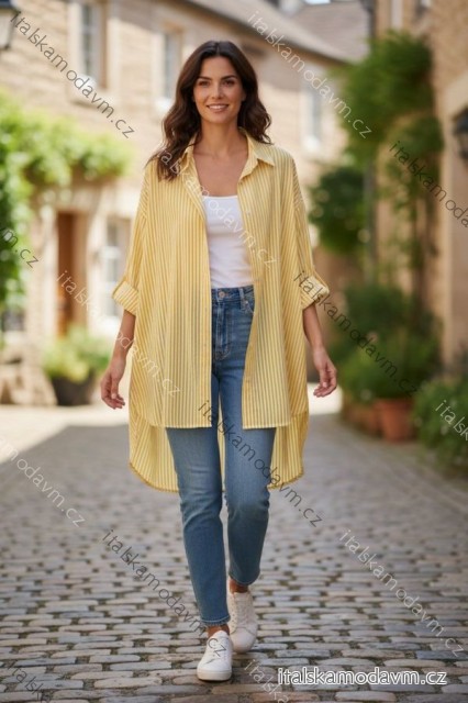 Košile prodloužená 3/4 dlouhý rukáv dámská nadrozměr (48/50/52 ONE SIZE) ITALSKÁ MÓDA IMD26065 žlutá