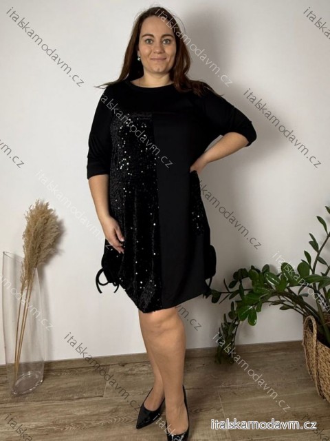 Šaty krátké máslové flitrové 3/4 dlouhý rukáv dámské nadrozměr LILIANA (54/56/58 ONE SIZE) ITALSKÁ MÓDA IM425818/DUR