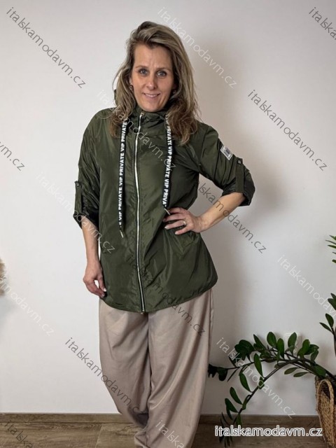 Bunda šusťáková s kapucňou dlhý rukáv nadrozměr NICOLA dámska (40/42/44 ONE SIZE) TALIANSKA MÓDA IMSM260003/DU  zelená khaki