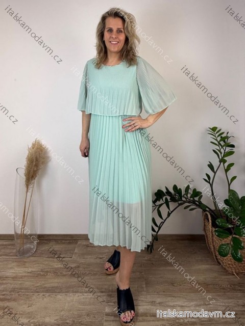 Šaty šifonové plisované společenské krátký rukáv dámské nadrozměr INGRID (46/48/50 ONE SIZE) ITALSKÁ MÓDA IMD26000124/DUR 46/48/50 světle mintová