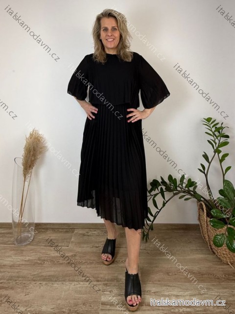 Šaty šifónové skladané společenské krátký rukáv dámske nadrozmer INGRID (46/48/50 ONE SIZE) TALIANSKA MÓDA IMD26000124/DUR 46/48/50 čierna