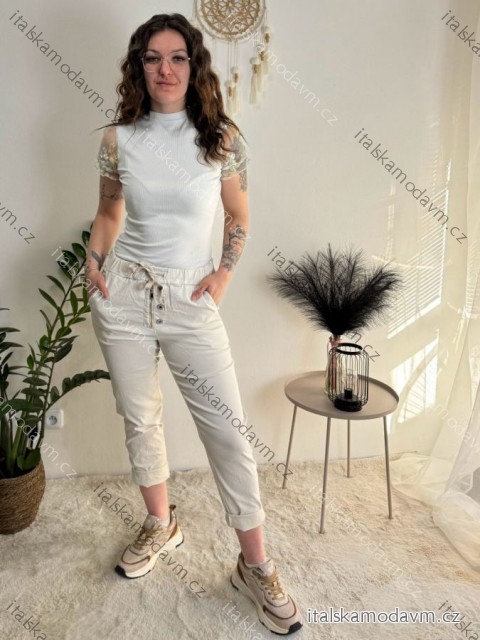 Kalhoty strečové mačkáče dlouhé dámské (S/M/L ONE SIZE) ITALSKÁ MÓDA IMPOZ25LV-25429/DUR béžová smetanová S/M/L