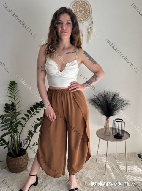 Kalhoty letní zavinovací dlouhé oversize dámské GINIE (S/M/L ONE SIZE) ITALSKÁ MÓDA IMD24250/DU hnědá S/M/L